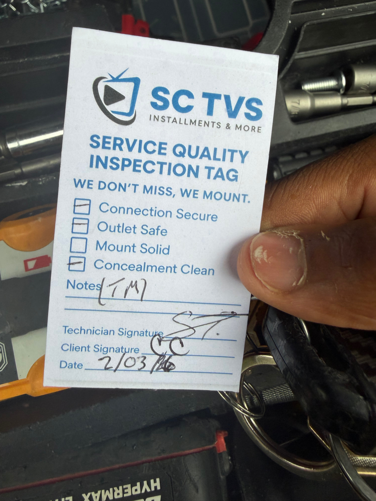 Signed SC TVs service quality inspection tag