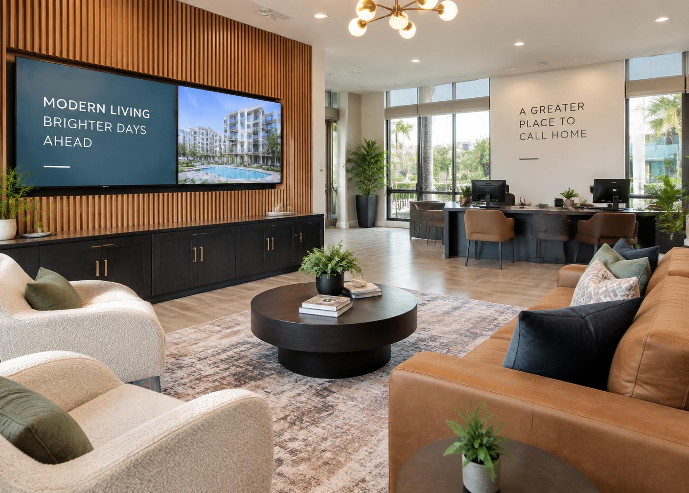 Display screens installed in an apartment community leasing lounge