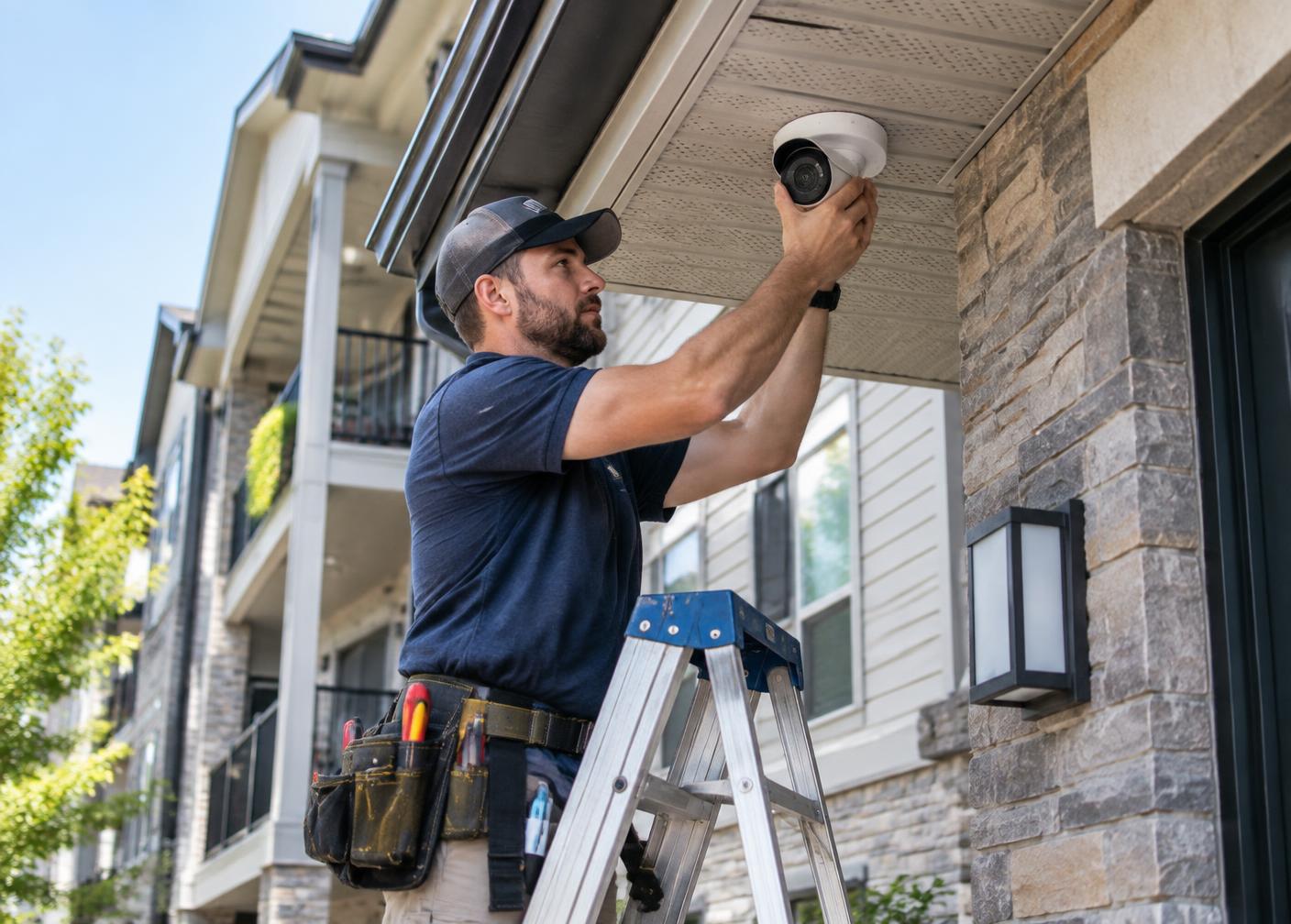 Technician installing a security camera at an apartment community